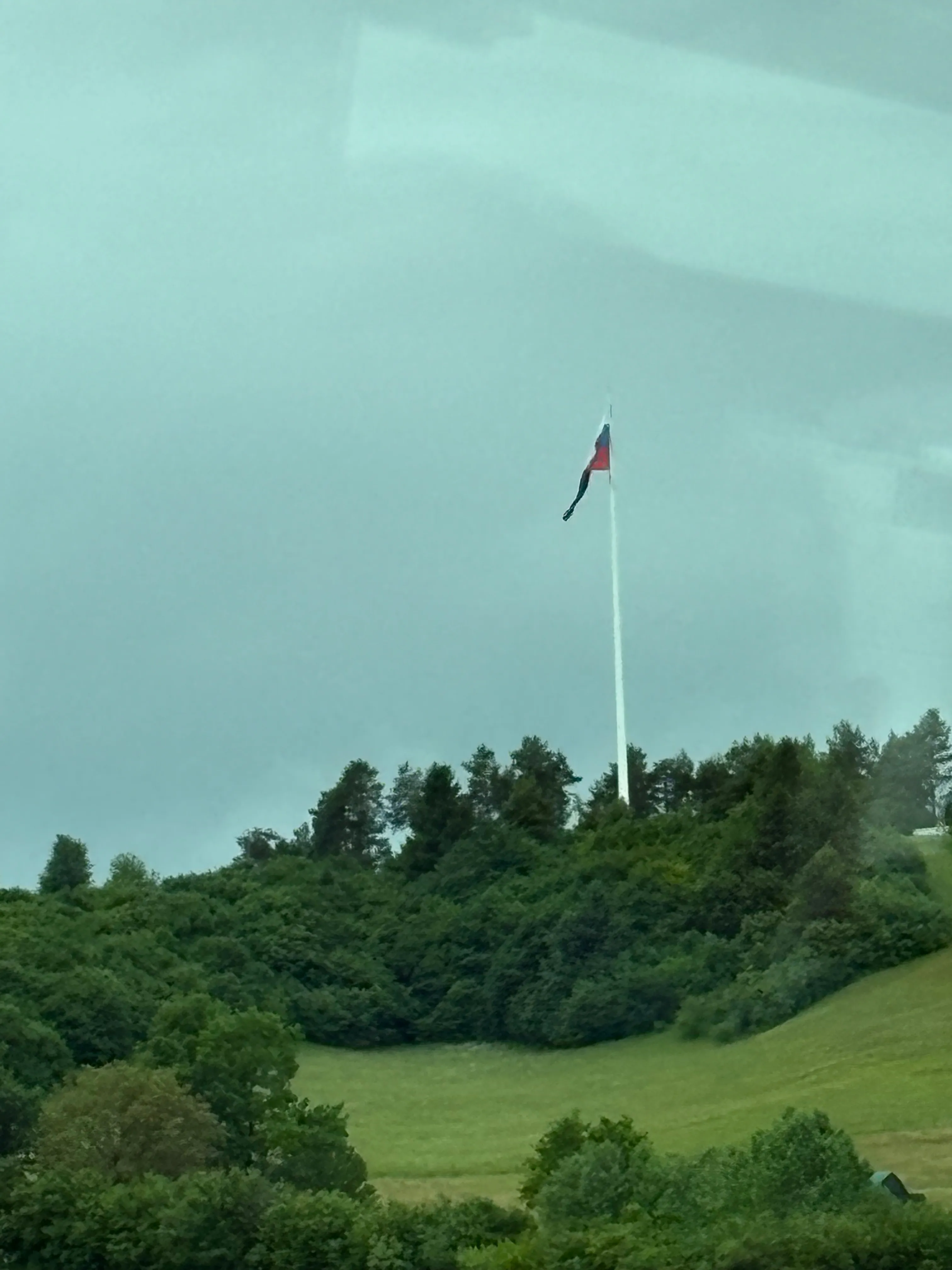 A tall flagpole seen from a road through green hills